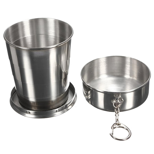Portable Folding Stainless Steel Travel Cup - Collapsible Metal Drinking Mug with Keychain, Compact Camping Cup for Travel, Trekking & Outdoor Use