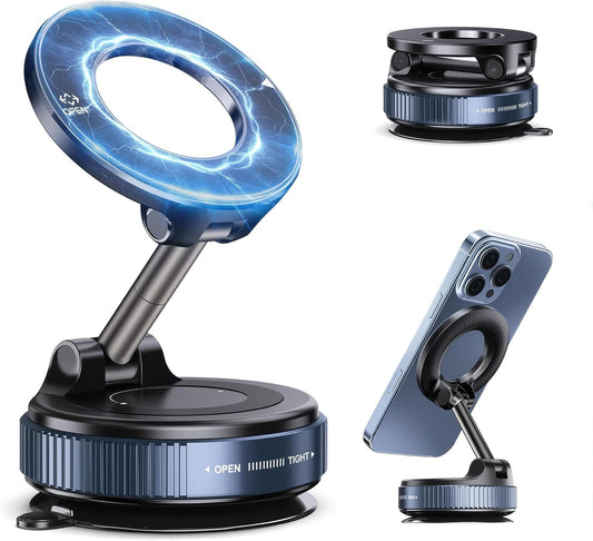 Vacuum Magnetic Phone Holder for Car Dashboard, Mirror & Desk – 360° Rotating Suction Mount