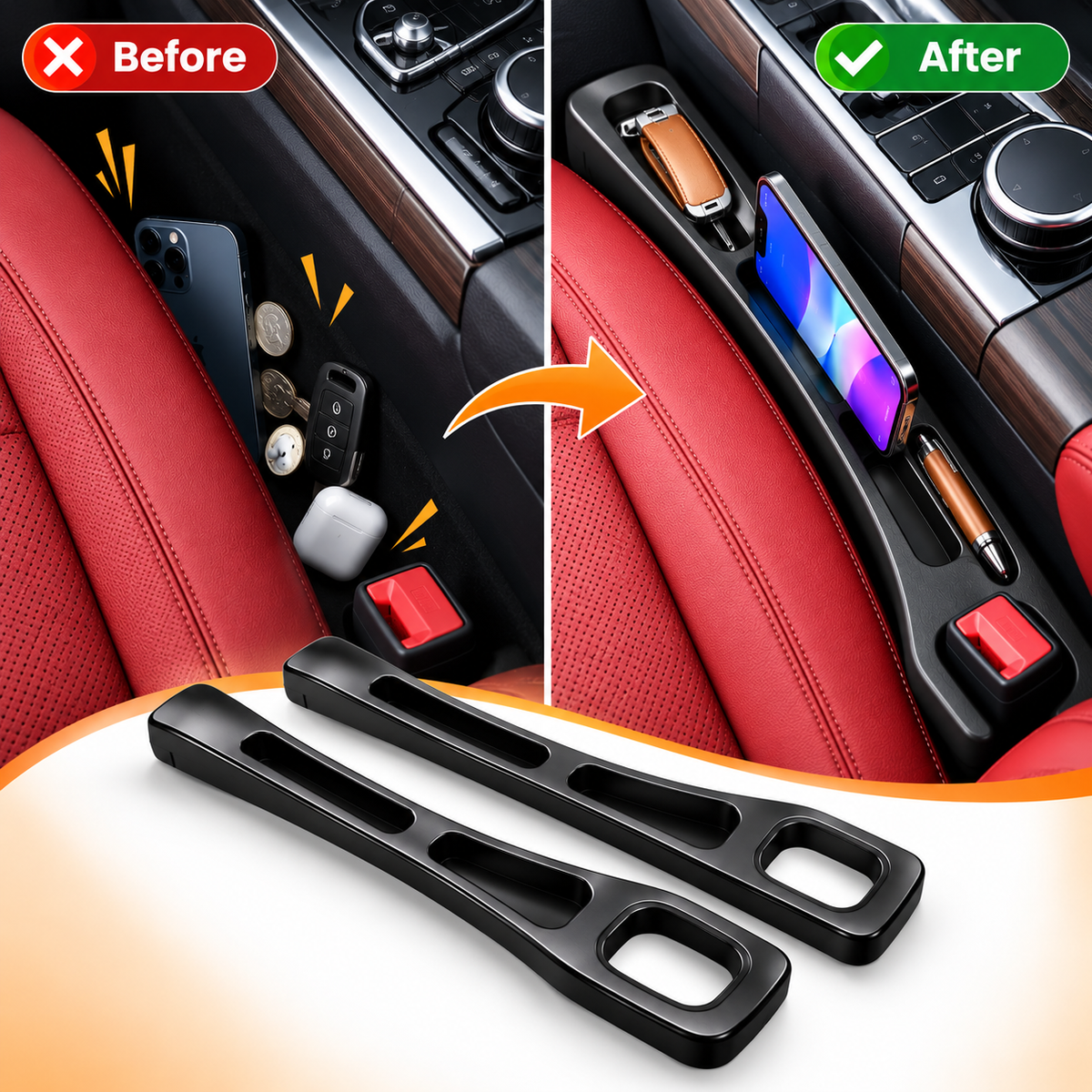 Car Seat Gap Filler for Car | 2-Piece Seat Gap Organizer with Storage Slots | Prevents Items from Falling Between Seats | Black