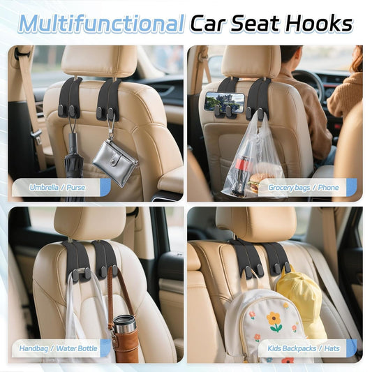 Leather Car Seat Headrest Hook (Pack of 2) – Double Hook Car Hanger for Bags, Purse, Grocery & Essentials | Premium Car Seat Organizer (Black)