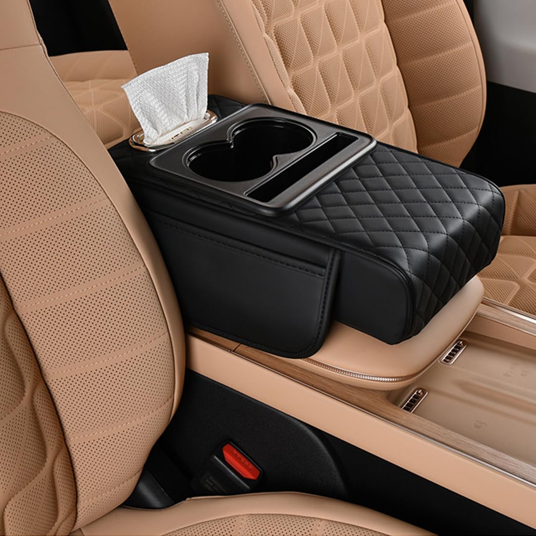 5-in-1 Car Armrest Cushion with 2 Cup Holders, Phone Holder, Tissue Holder & Storage Pocket | Black