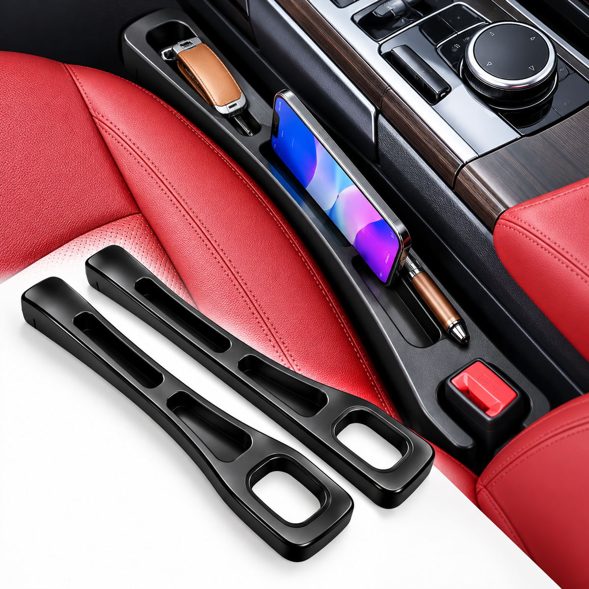 Car Seat Gap Filler for Car | 2-Piece Seat Gap Organizer with Storage Slots | Prevents Items from Falling Between Seats | Black