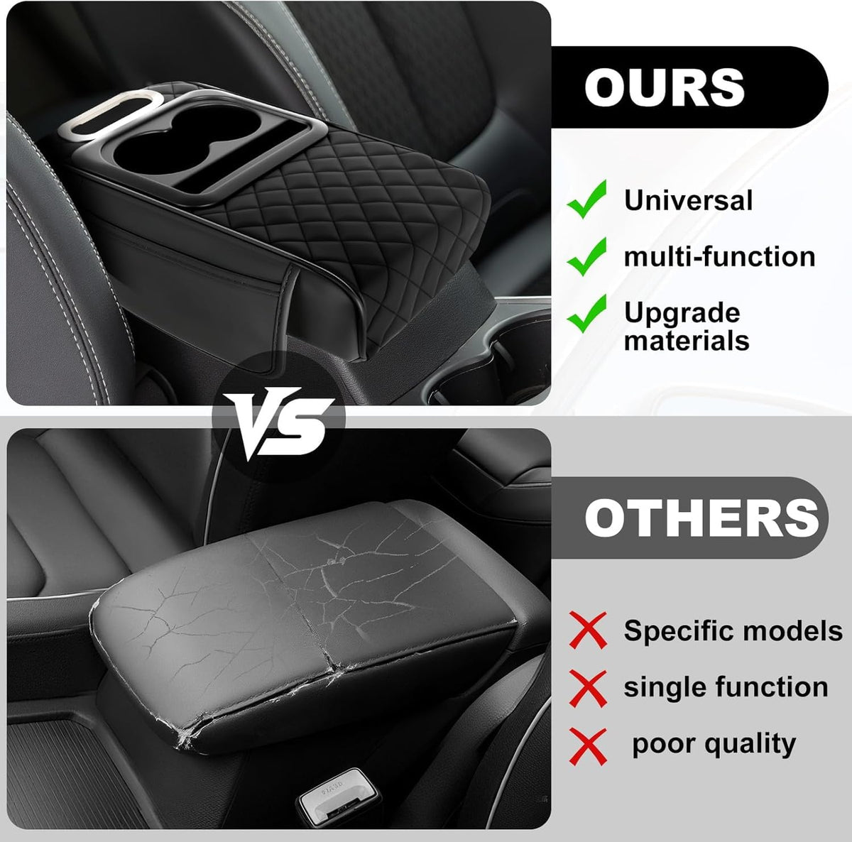 5-in-1 Car Armrest Cushion with 2 Cup Holders, Phone Holder, Tissue Holder & Storage Pocket | Black
