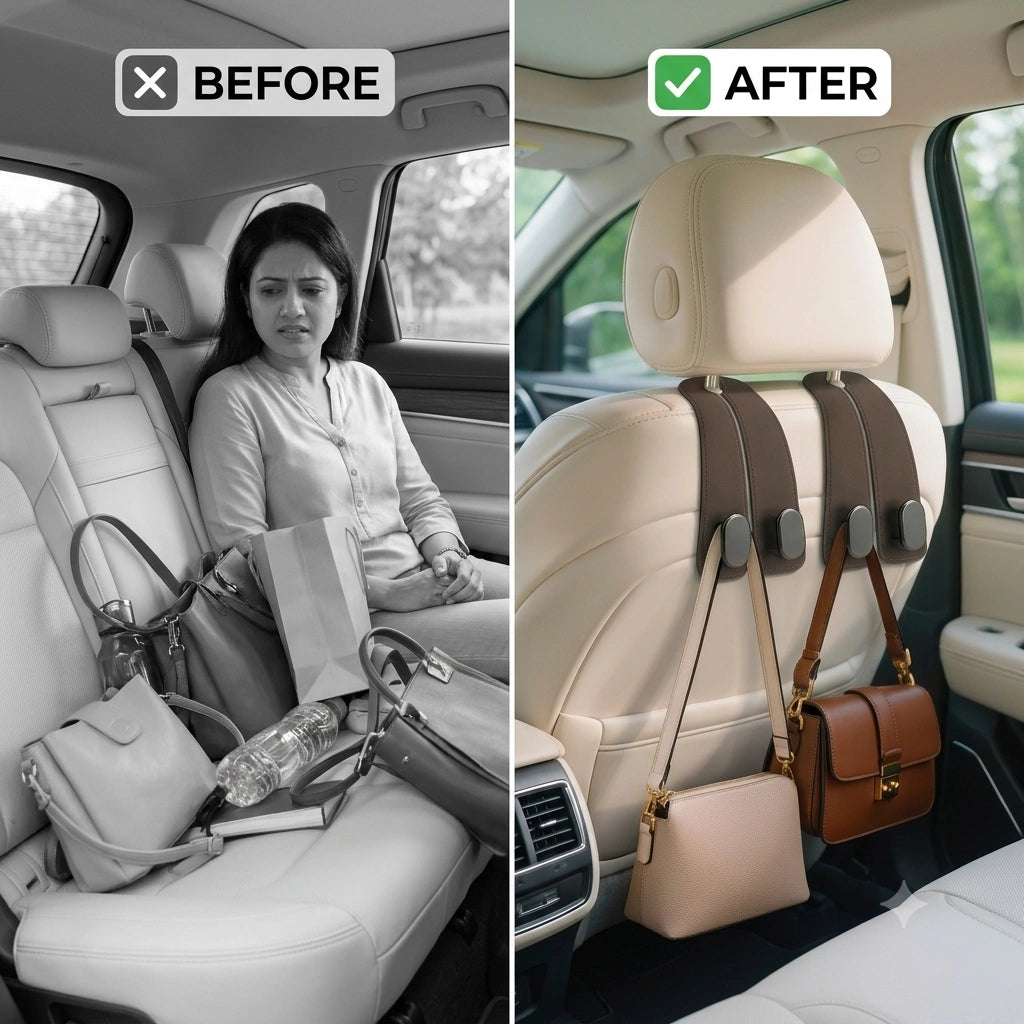 Leather Car Seat Headrest Hook (Pack of 2) – Double Hook Car Hanger for Bags, Purse, Grocery & Essentials | Premium Car Seat Organizer (Black)