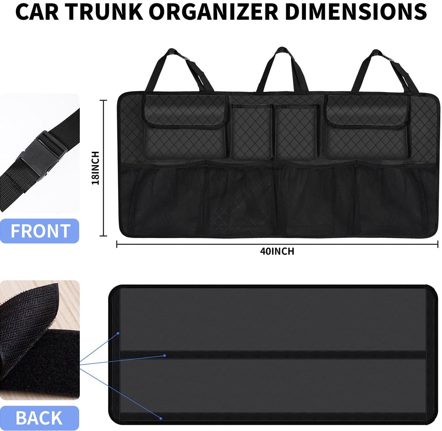 Car Trunk Organizer Backseat Hanging Storage (Black) – Heavy Duty Storage for SUV, MPV & Truck