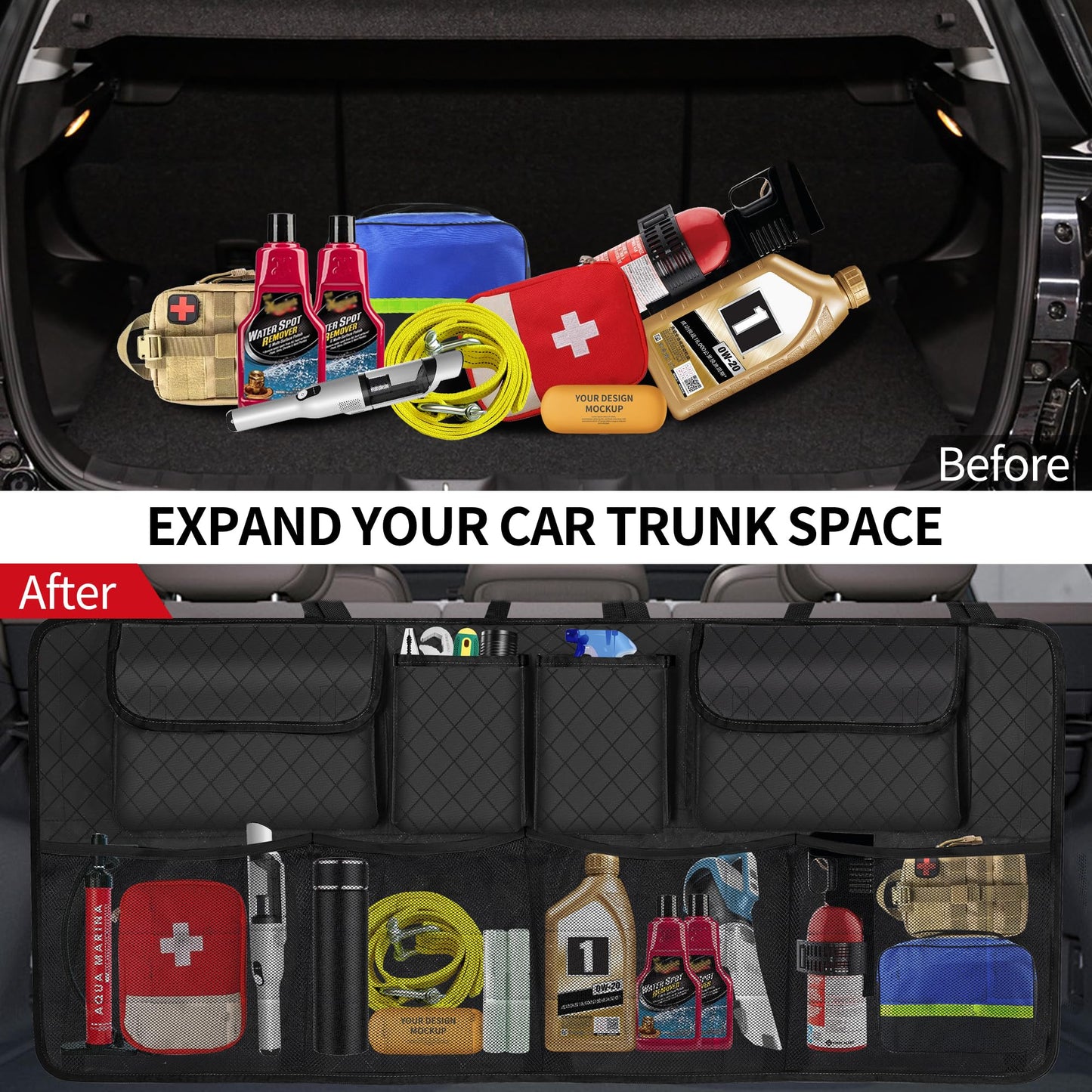 Car Trunk Organizer Backseat Hanging Storage (Black) – Heavy Duty Storage for SUV, MPV & Truck
