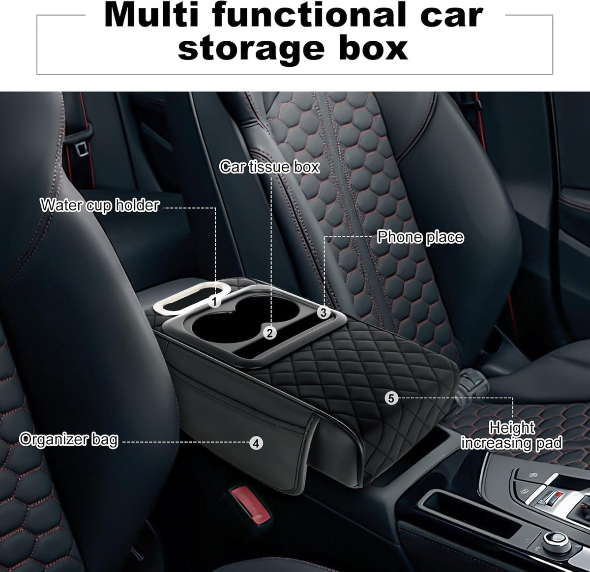 5-in-1 Car Armrest Cushion with 2 Cup Holders, Phone Holder, Tissue Holder & Storage Pocket | Black