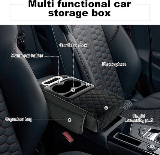 5-in-1 Car Armrest Cushion with 2 Cup Holders, Phone Holder, Tissue Holder & Storage Pocket | Black