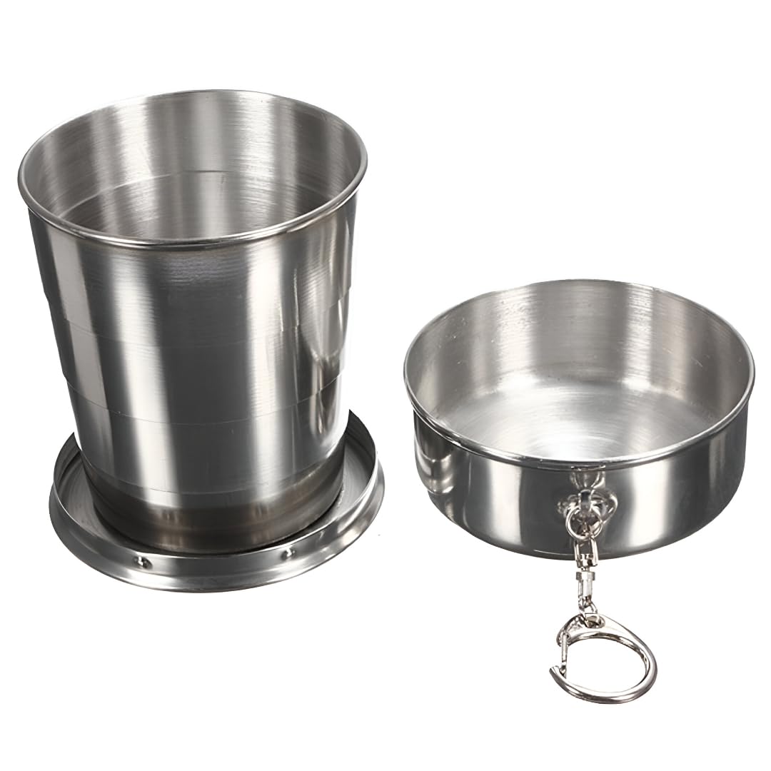 Portable Folding Stainless Steel Travel Cup - Collapsible Metal Drinking Mug with Keychain, Compact Camping Cup for Travel, Trekking & Outdoor Use