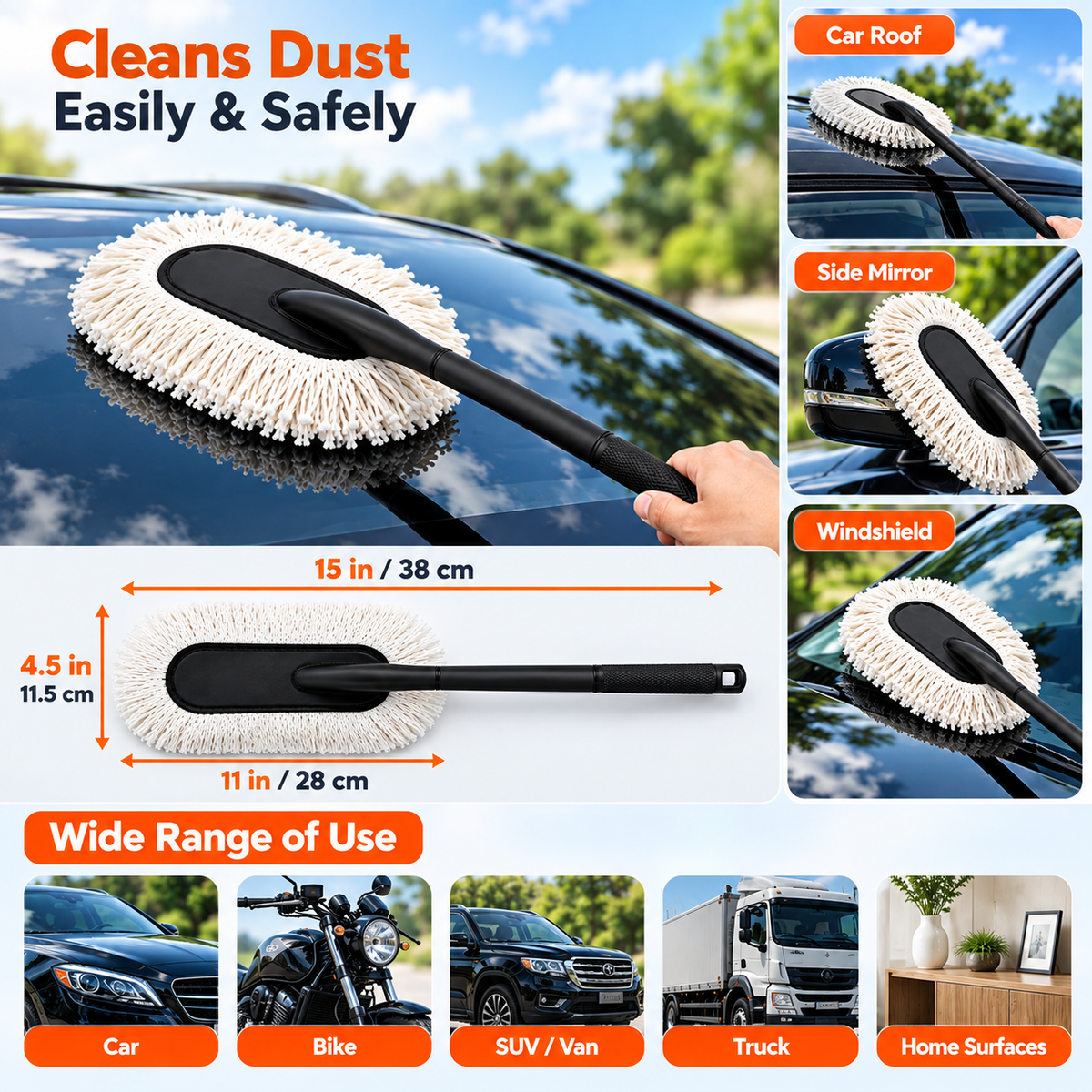 Premium Car Duster with Long Handle – Reusable Cotton Thread Dust Cleaning Mop for Cars, Bikes & Vehicle Interiors