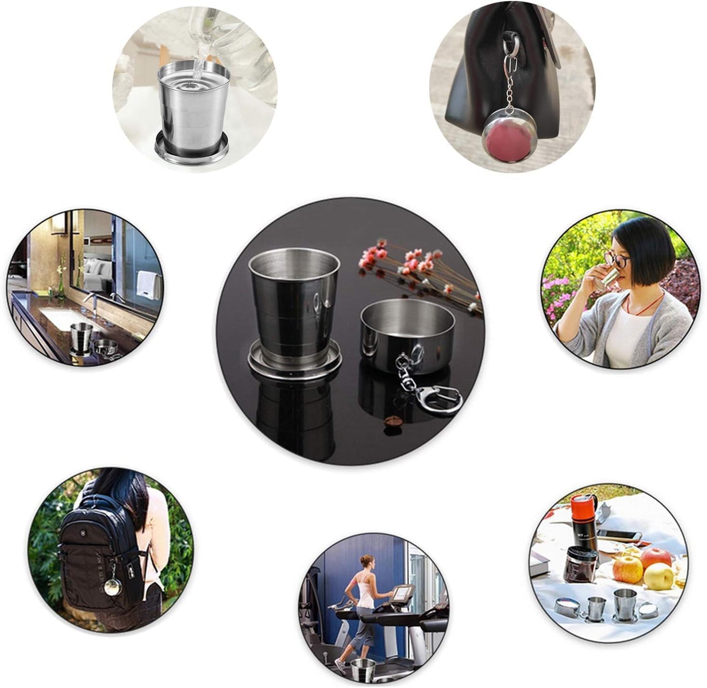 Portable Folding Stainless Steel Travel Cup - Collapsible Metal Drinking Mug with Keychain, Compact Camping Cup for Travel, Trekking & Outdoor Use