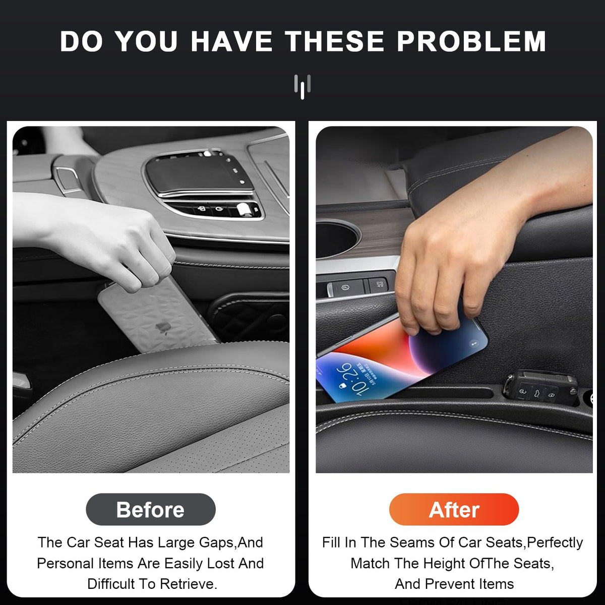 Car Seat Gap Filler for Car | 2-Piece Seat Gap Organizer with Storage Slots | Prevents Items from Falling Between Seats | Black