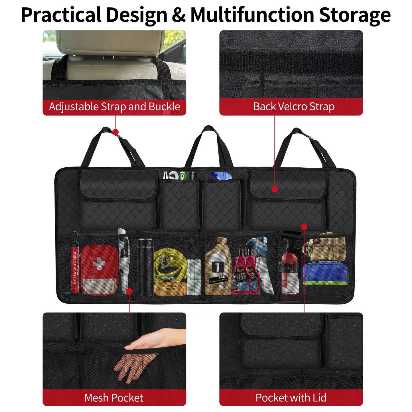 Car Trunk Organizer Backseat Hanging Storage (Black) – Heavy Duty Storage for SUV, MPV & Truck