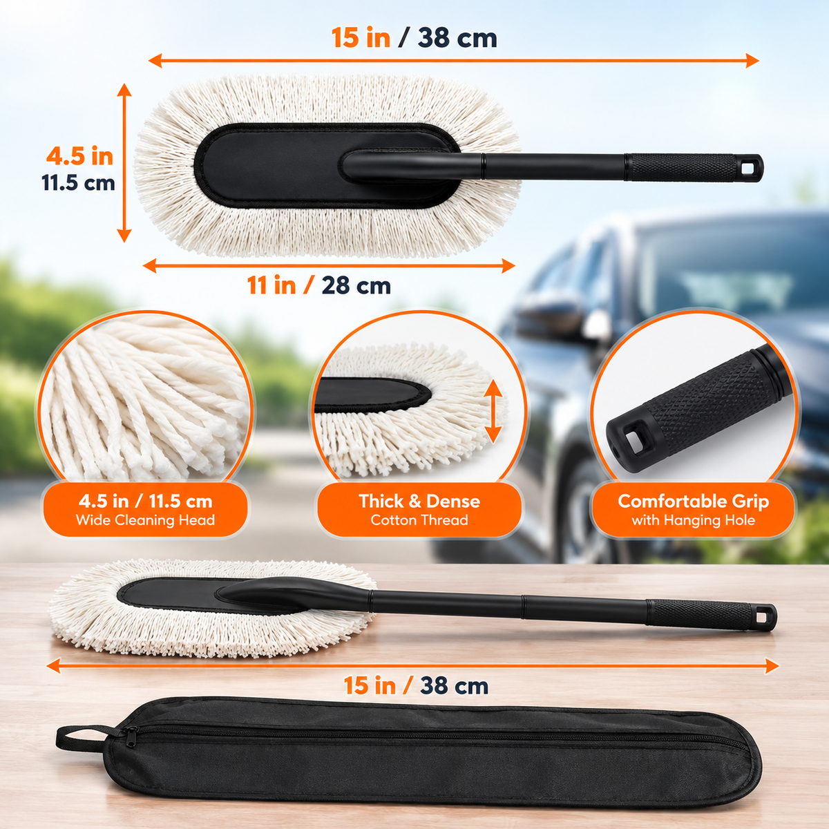 Premium Car Duster with Long Handle – Reusable Cotton Thread Dust Cleaning Mop for Cars, Bikes & Vehicle Interiors