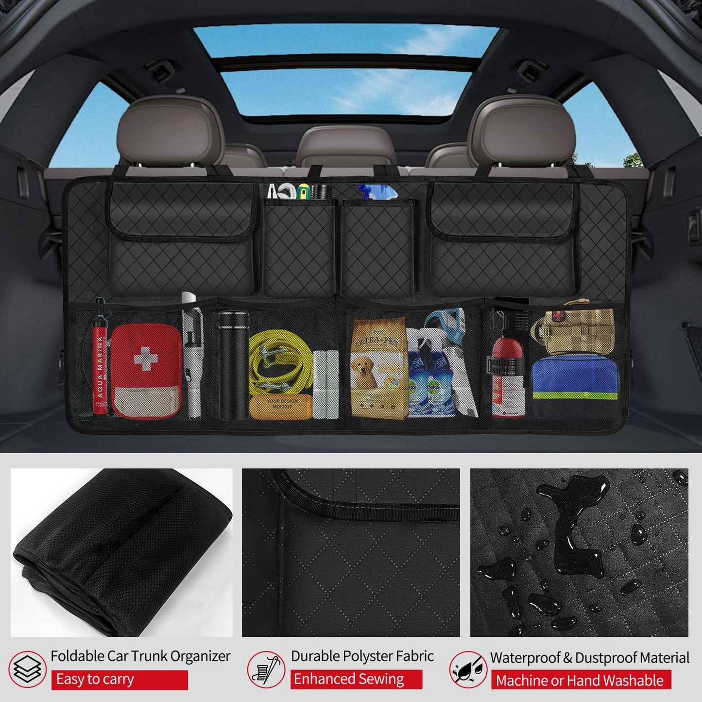 Car Trunk Organizer Backseat Hanging Storage (Black) – Heavy Duty Storage for SUV, MPV & Truck