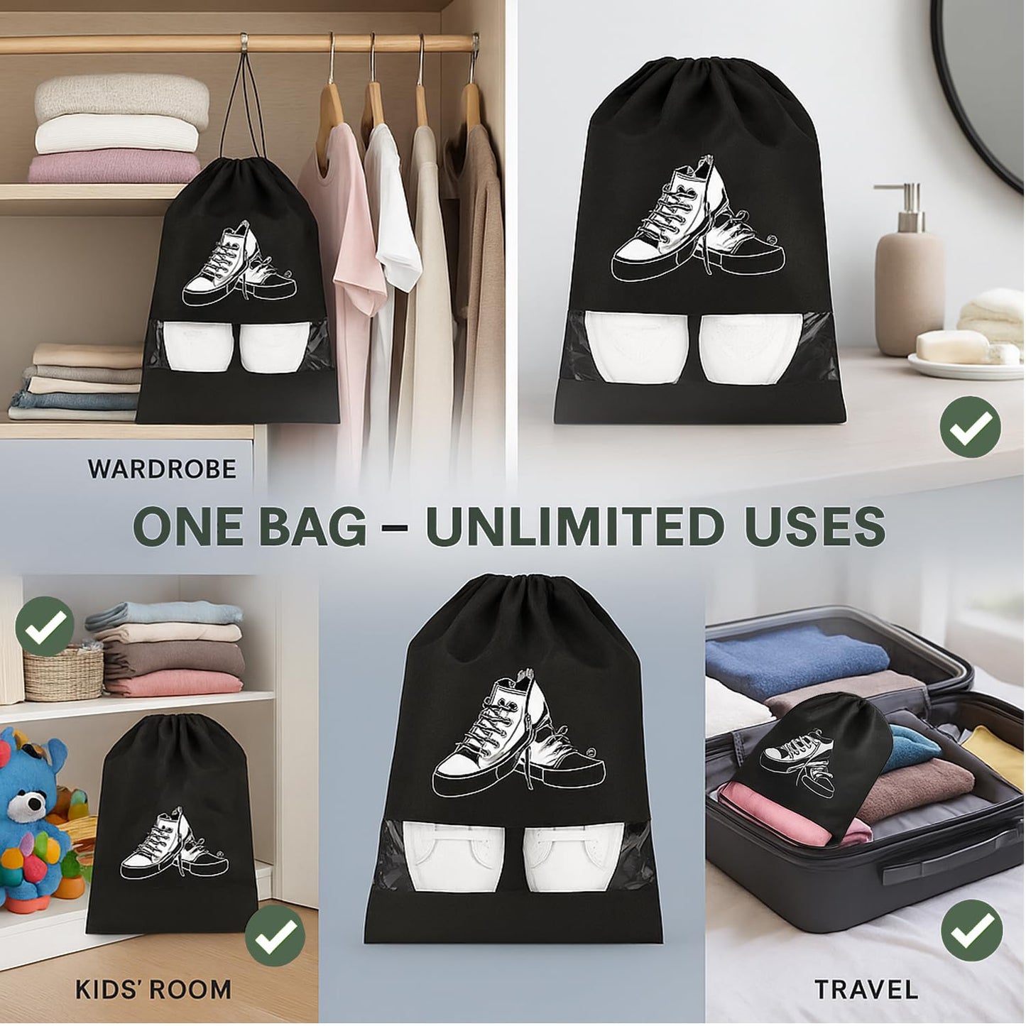Travel Shoe Storage Bags (Pack of 3) – Drawstring Dustproof Shoe Organizer for Travel & Storage